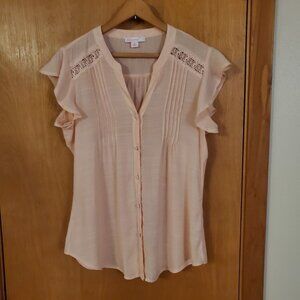 JW Style Button Up V-neck Short Flutter Sleeves Top Womens M Pink